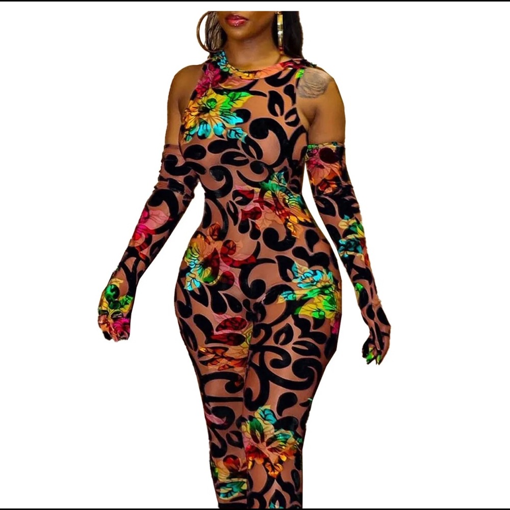 Tropical sheer jumpsuit with gloves
